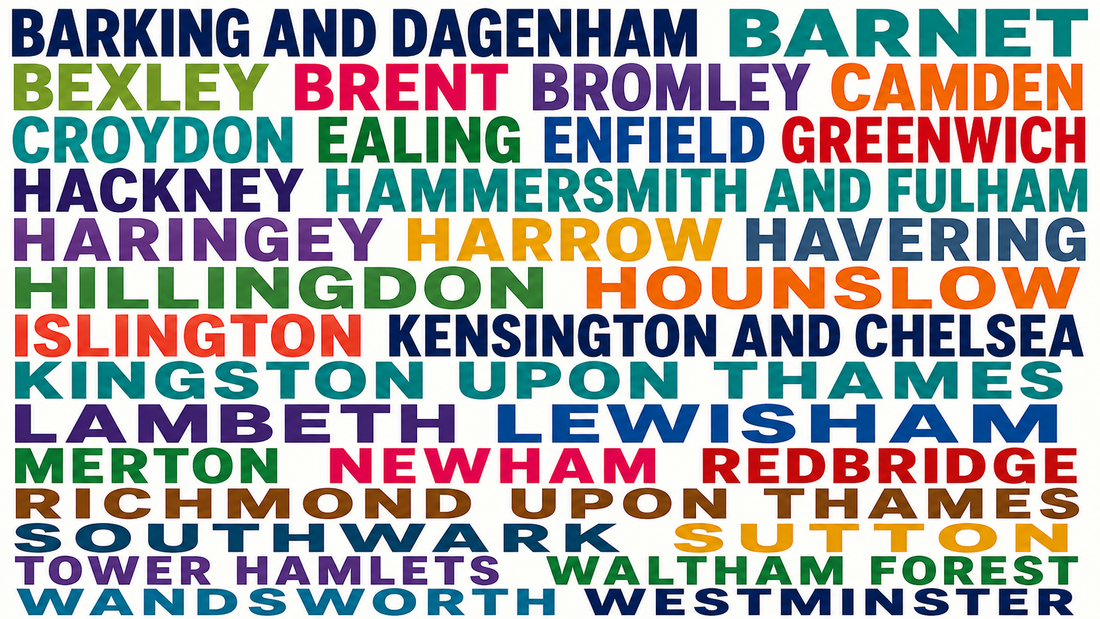 The name of every London borough in a multicoloured word map