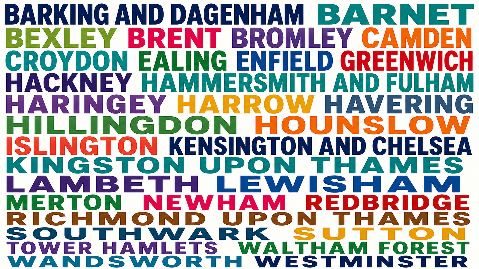 The name of every London borough in a multicoloured word map