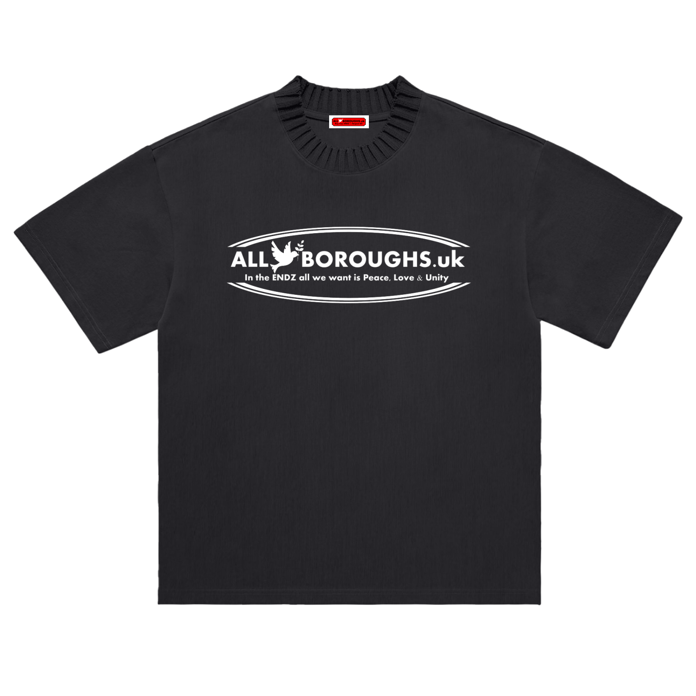 Black t-shirt with 'All Boroughs.uk' logo on a white background