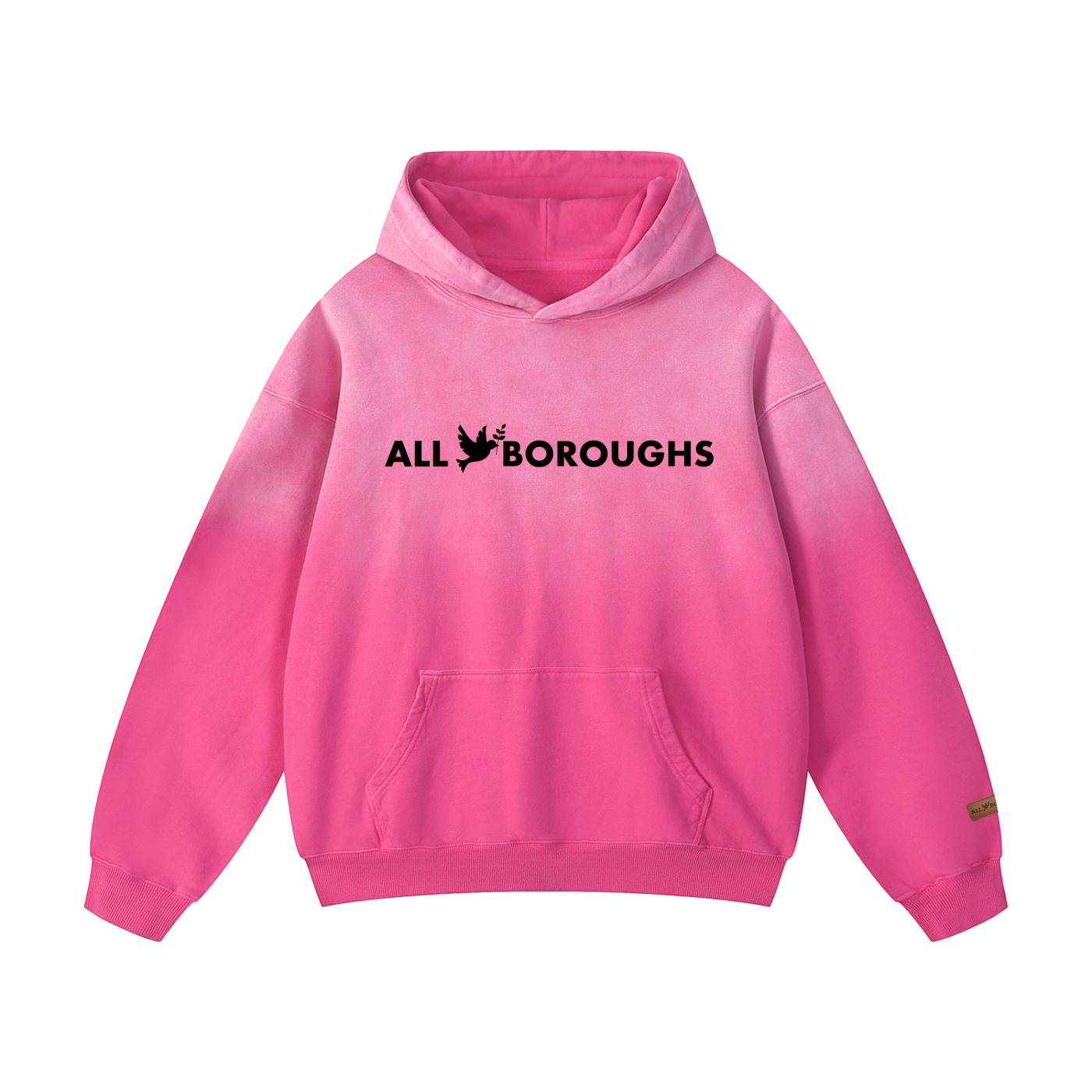 Pink hoodie with 'ALL BOROUGHS' text on a white background