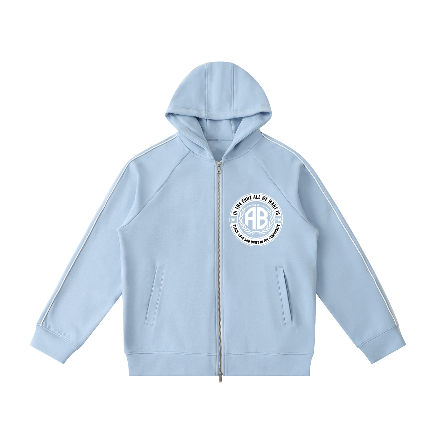 Light blue hoodie with an Allboroughs logo on a zipped front, with a white background. Also known as All Boroughs.