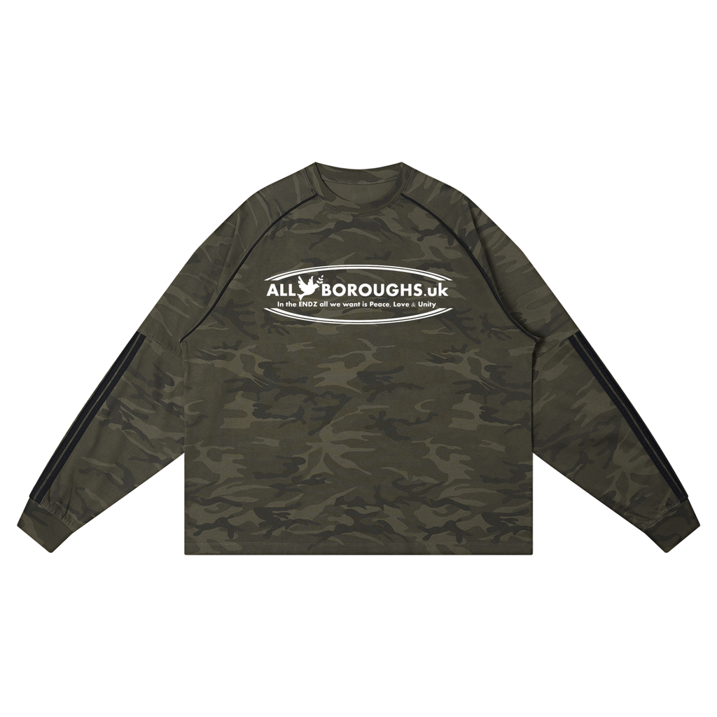 Camouflage long-sleeve shirt with 'All Boroughs UK' logo on a white background. Also known as All Boroughs.