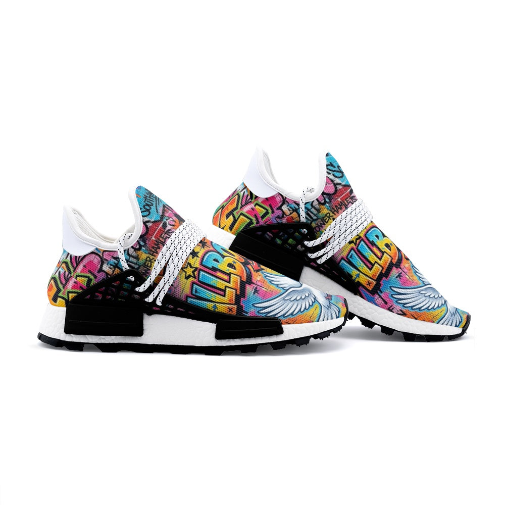 A pair of low-top All boroughs sneakers with a vibrant multicolor graffiti pattern on the uppers, white laces, and a black and white midsole, shown against a plain white background.