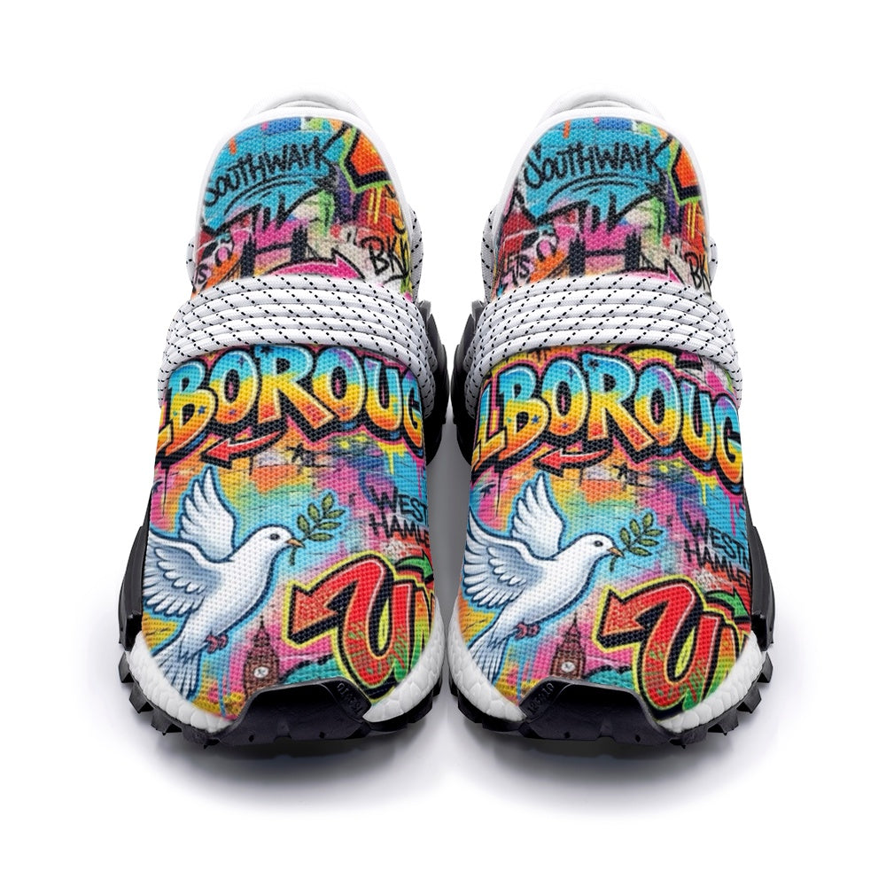 A pair of low-top sneakers shown from the front on a white background, featuring a vibrant graffiti-style multicolor print with the name 'ALLBOROUGHS’ and a white dove.