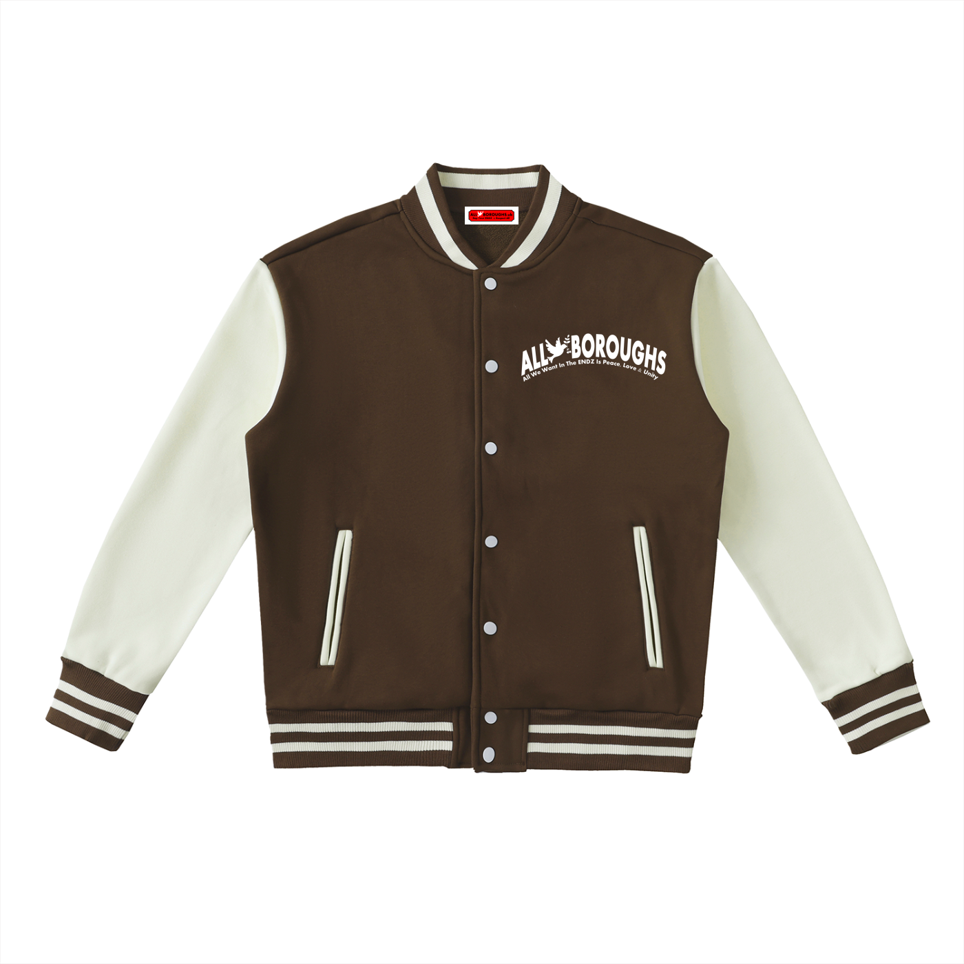 A brown and cream varsity jacket with 'ALL BOROUGHs' printed on the chest, displayed flat against a white background.