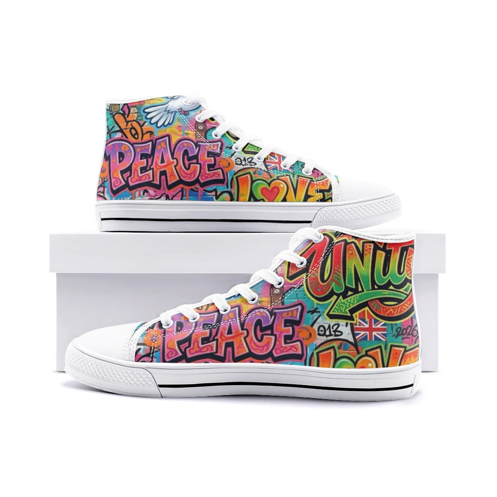 Peace Love & Unity Unisex High Top Canvas Sneakers – Streetwear Statement Kicks