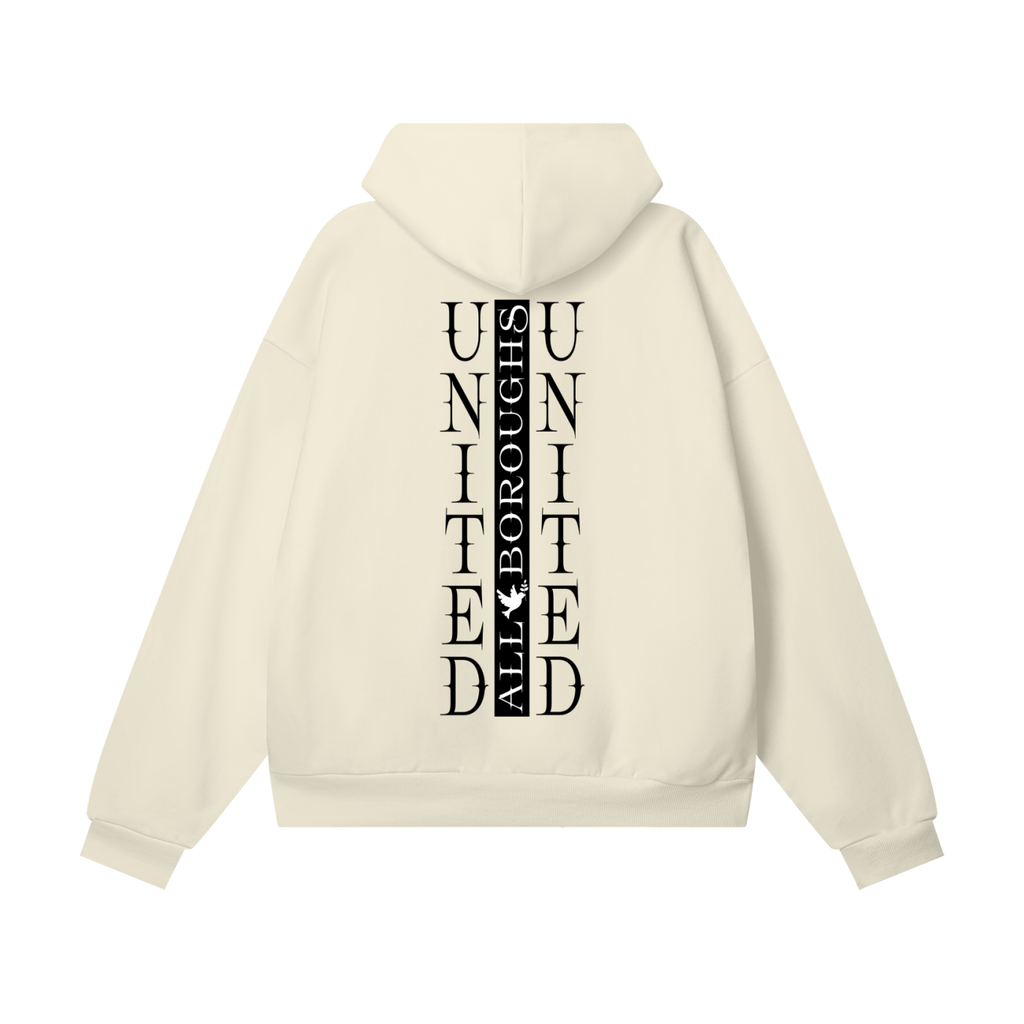 An off-white hooded sweatshirt shown from the back, featuring a vertical black graphic print with the words 'UNITED' and 'ALL BOROUGHS' on the center back.