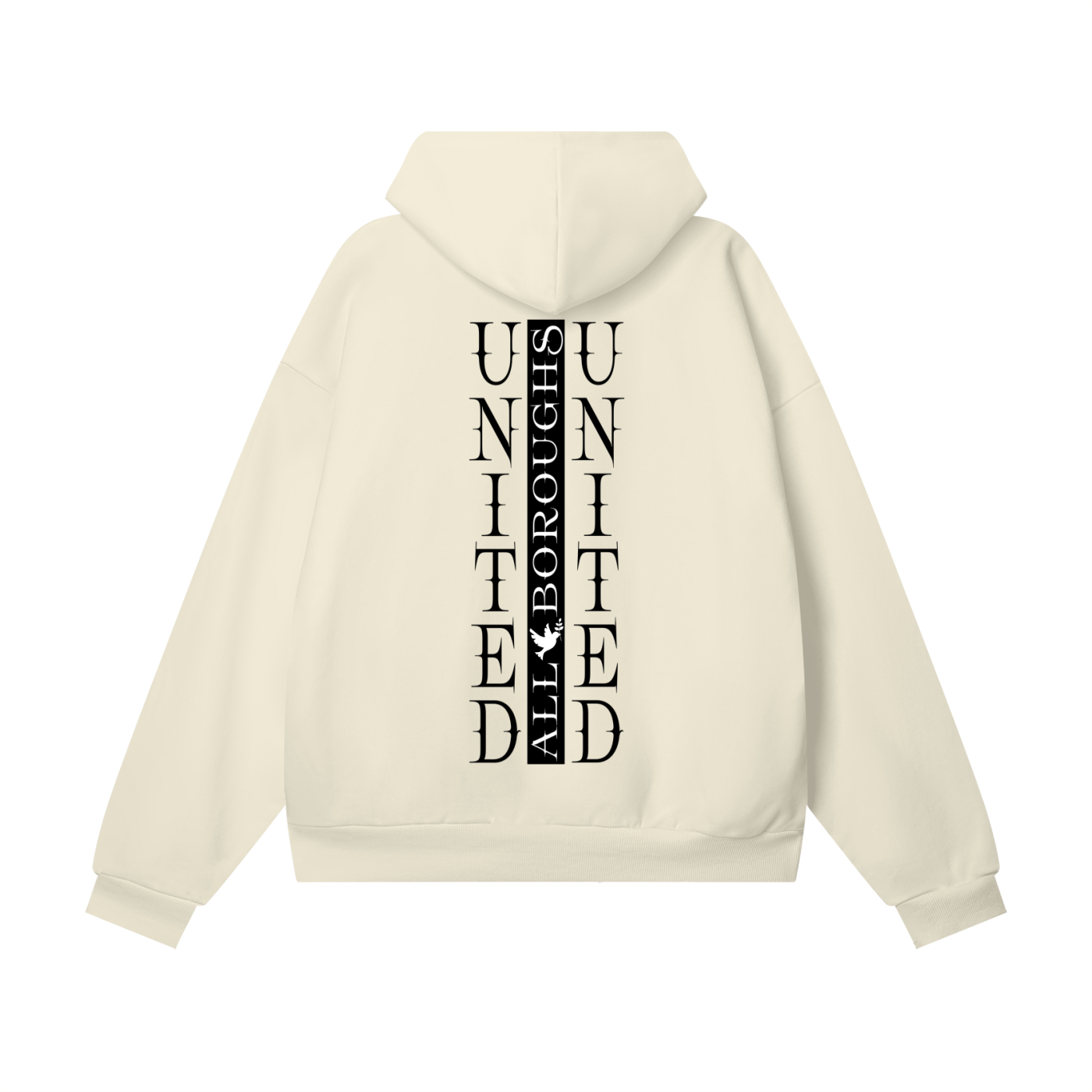 An off-white hooded sweatshirt shown from the back, featuring a vertical black graphic print with the words 'UNITED' and 'ALL BOROUGHS' on the center back.