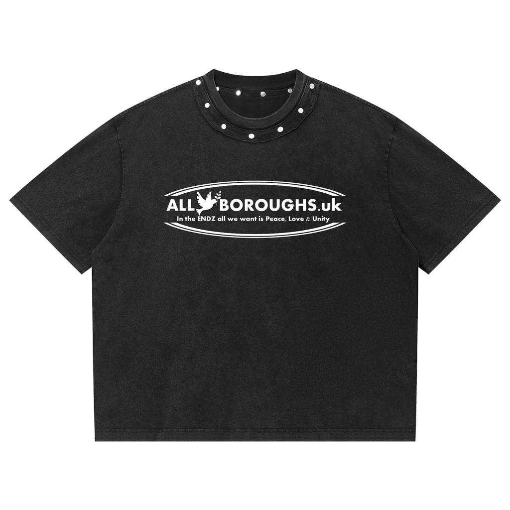 Black t-shirt with 'All Boroughs UK' text on a white background. Also known as All Boroughs.