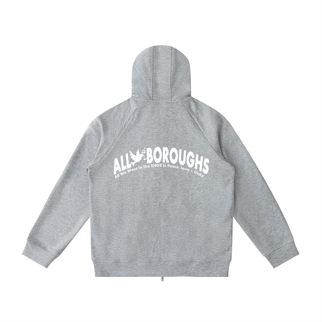 Gray hoodie with 'All Boroughs' text on a white background. Also known as All Boroughs.
