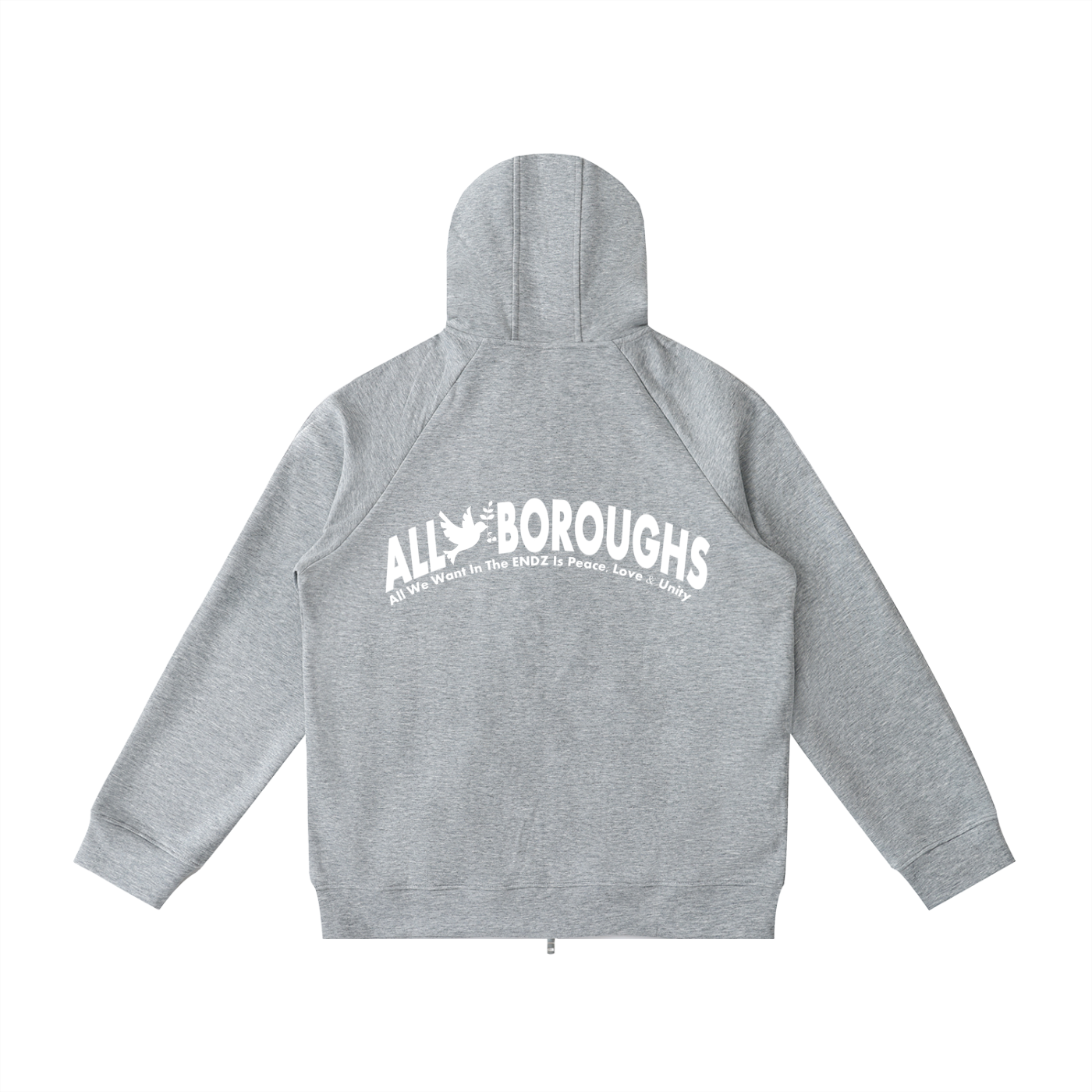 Gray hoodie with 'All Boroughs' text on a white background. Also known as All Boroughs.