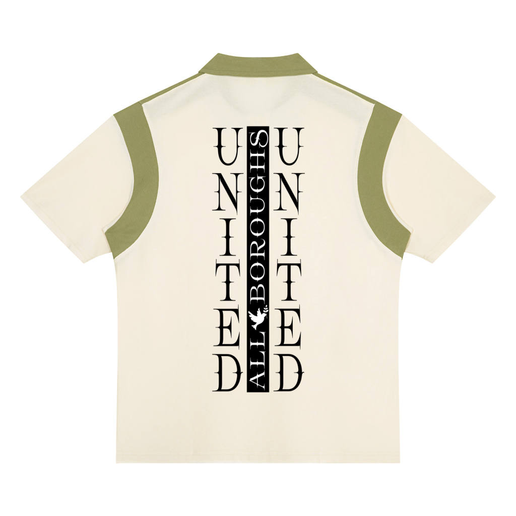 The back of a short-sleeve collared shirt in off-white with olive green shoulder panels and collar, featuring a vertical black graphic print that reads 'ALL BOROUGHS UNITED’