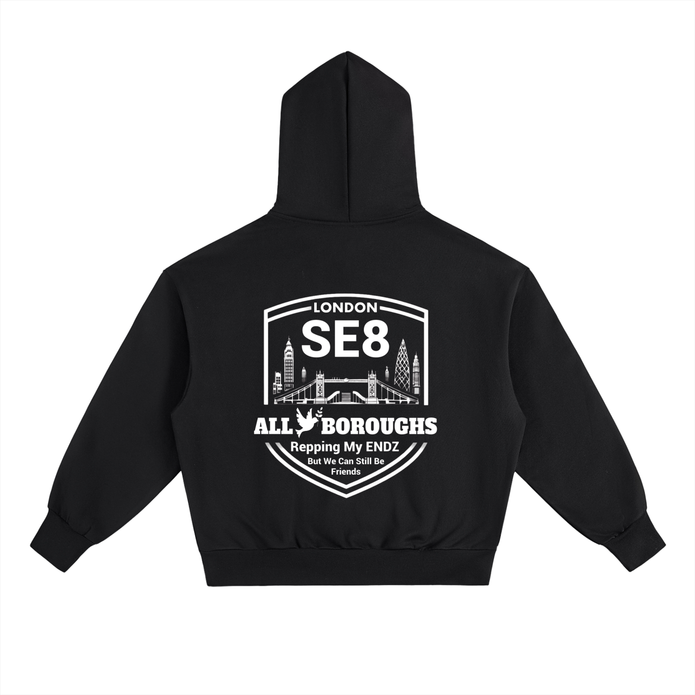 Black hoodie with white text and design on the back, featuring 'London SE8 All Boroughs'.