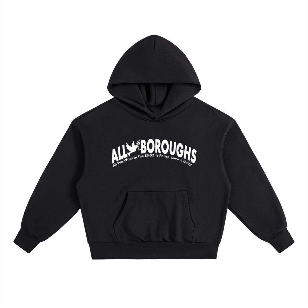 Black hoodie with white Allboroughs text on a white background. Also known as All Boroughs