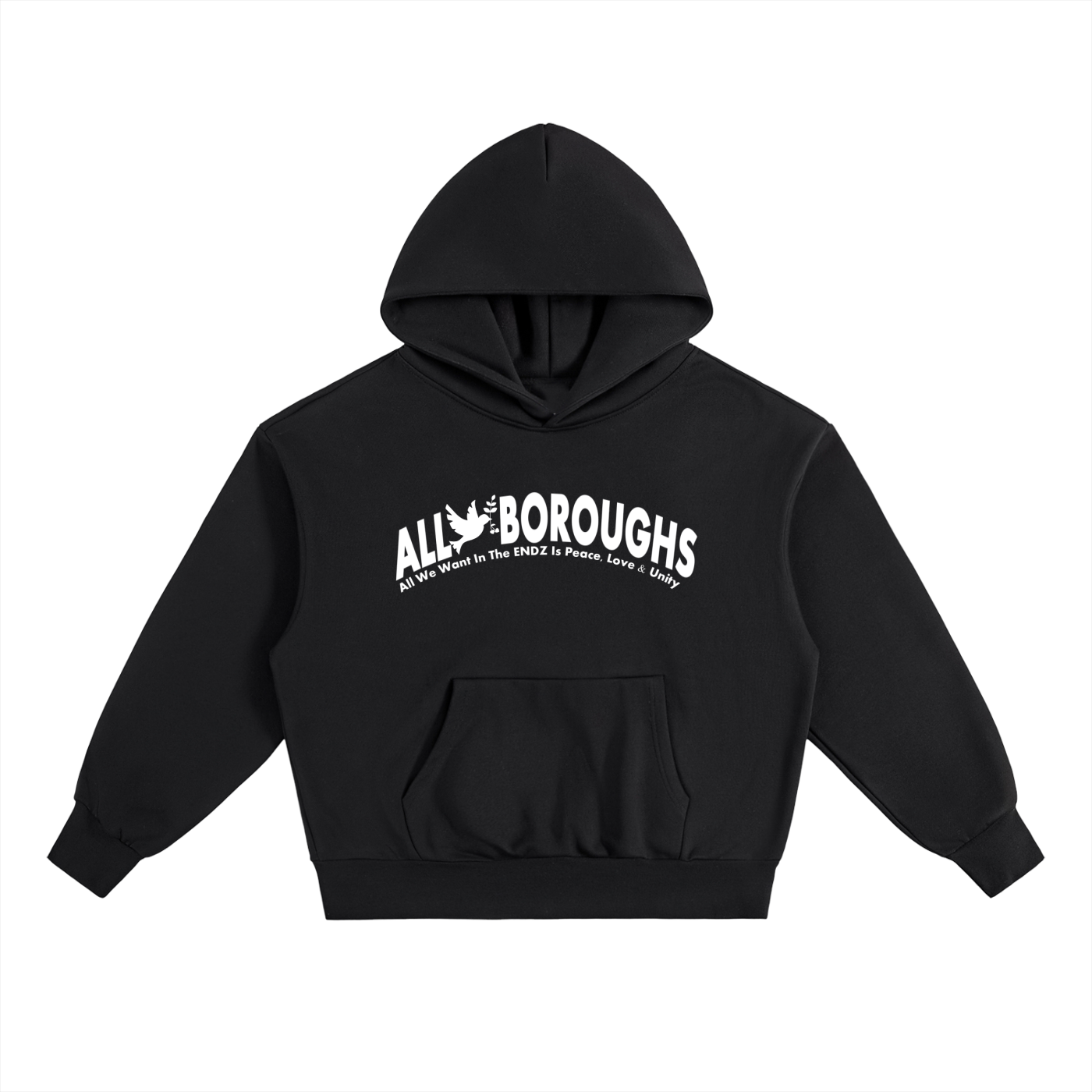 Black hoodie with white Allboroughs text on a white background. Also known as All Boroughs