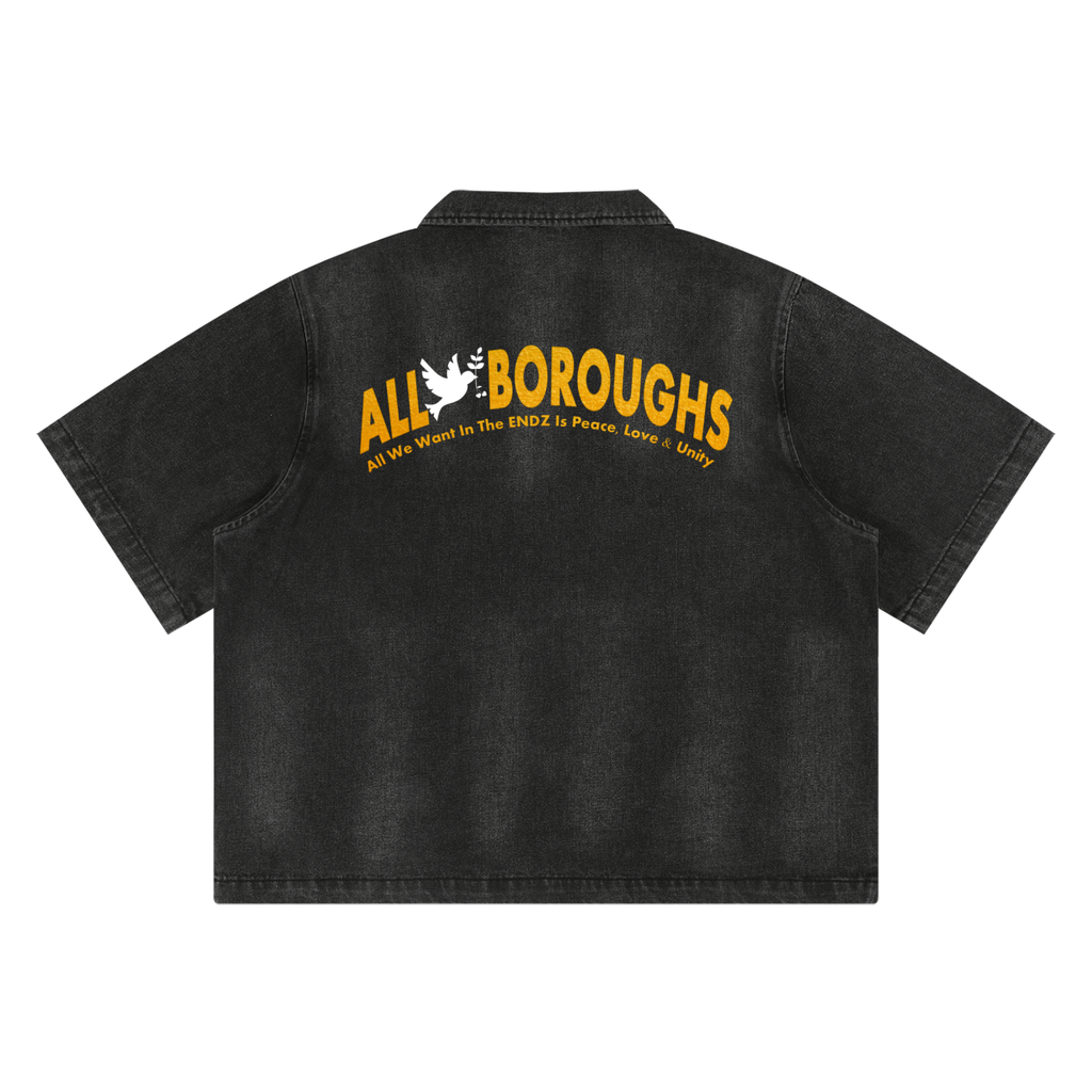 Black denim shirt with 'All Boroughs' text on the back against a white background