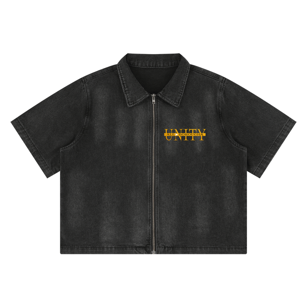 Black denim jacket with 'UNITY' embroidery on a white background