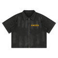 Black denim jacket with 'UNITY' embroidery on a white background