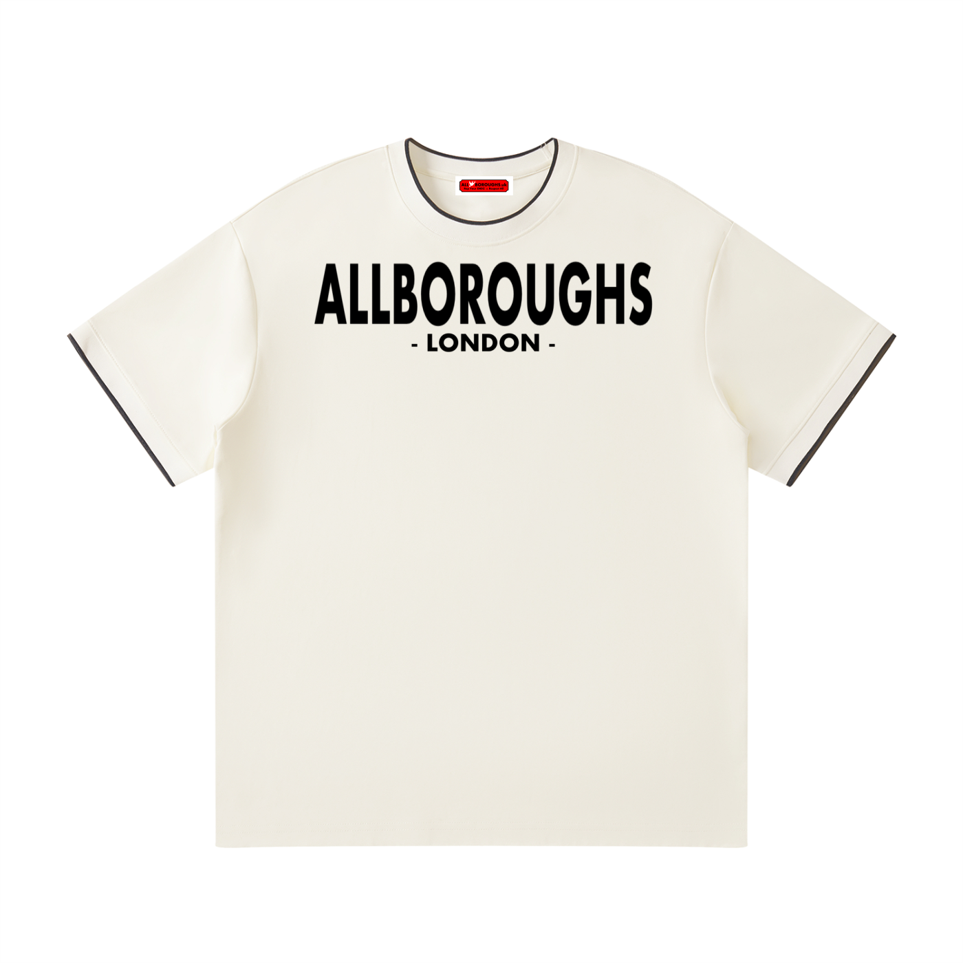 Apricot t-shirt with 'ALLBOROUGHS LONDON' text on a white background