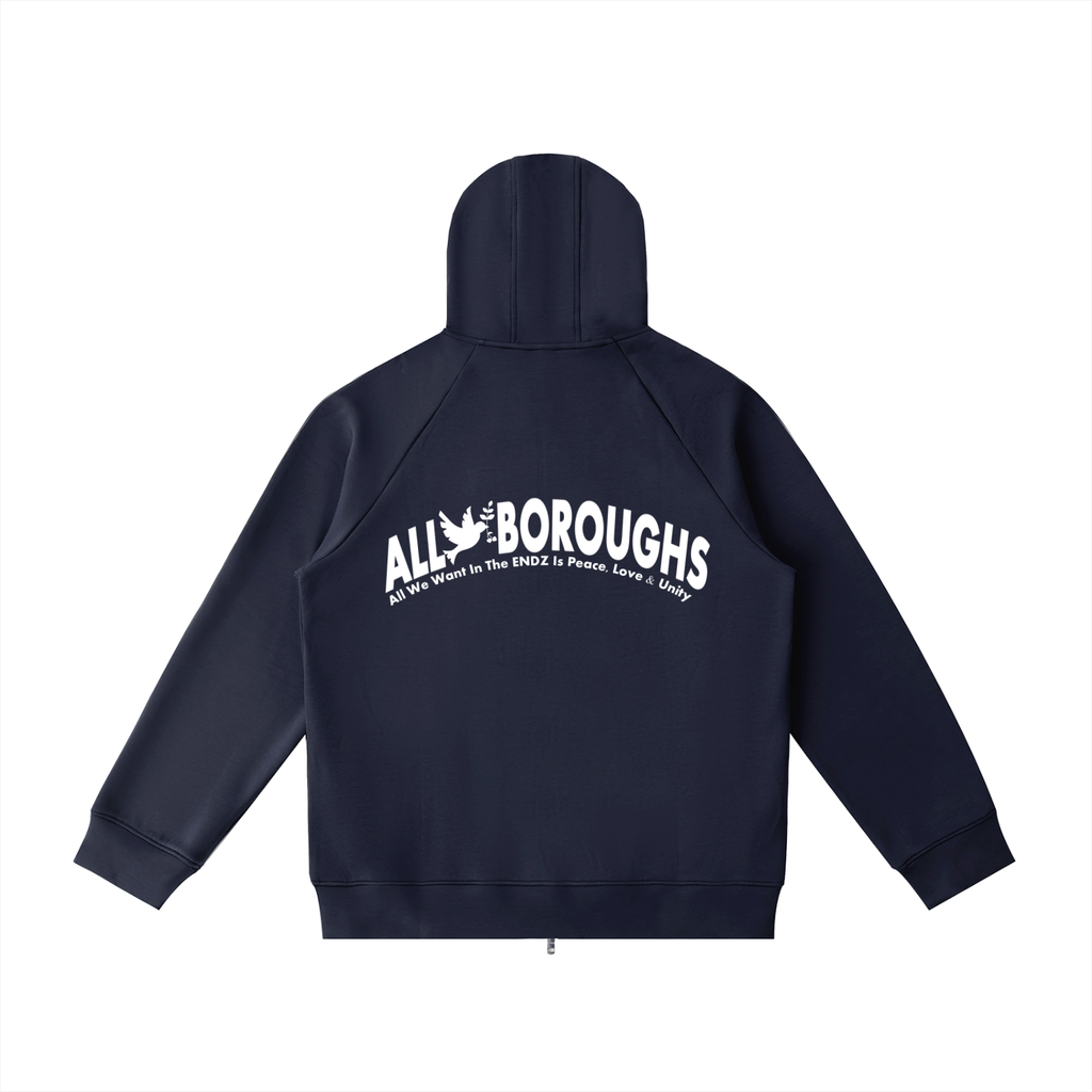 Navy blue hoodie with 'All Boroughs' text on the back against a white background. Also known as All Boroughs.