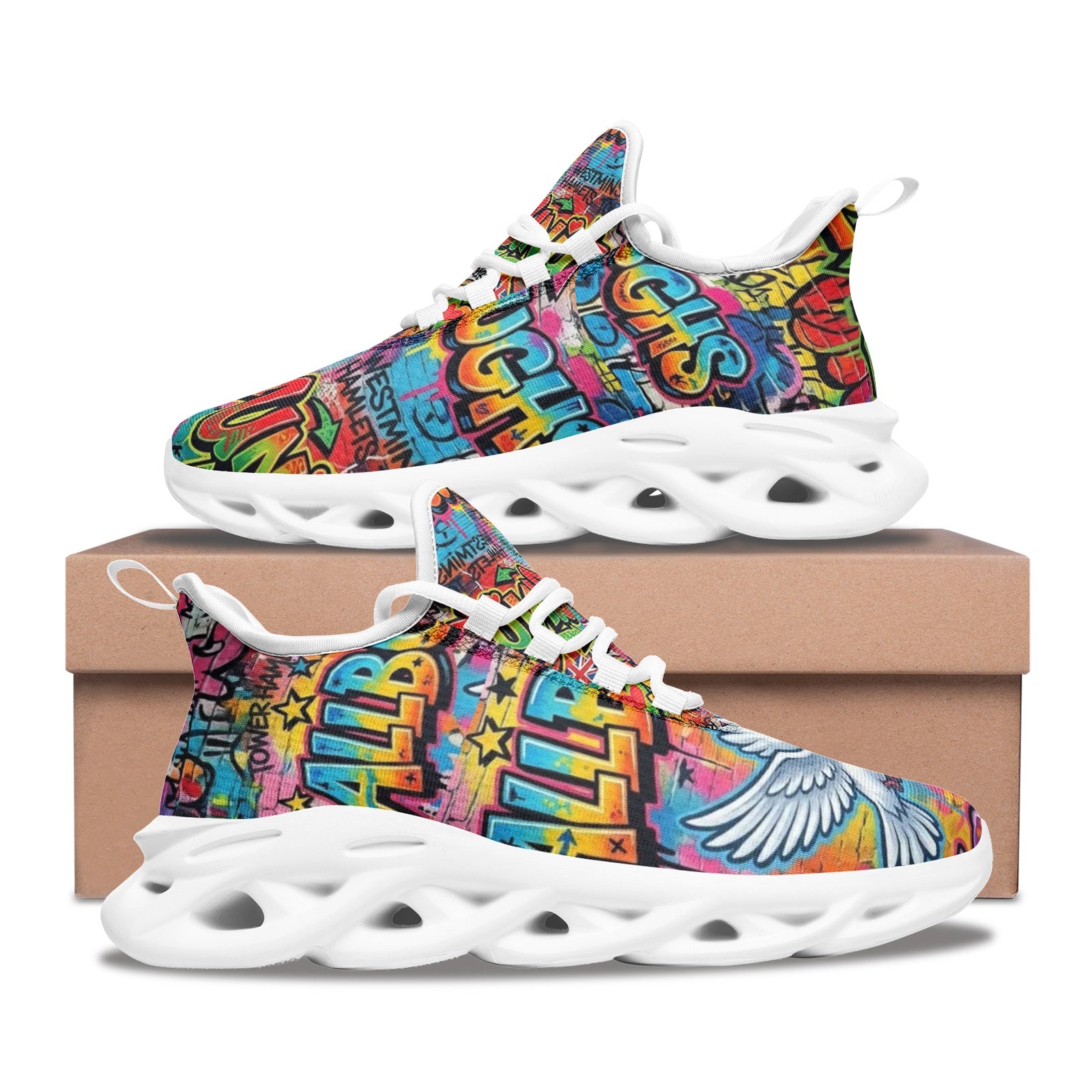 A pair of colorful Allboroughs graffiti-style sneakers with white sculpted soles, displayed on top of and beside a brown shoebox against a plain white background.