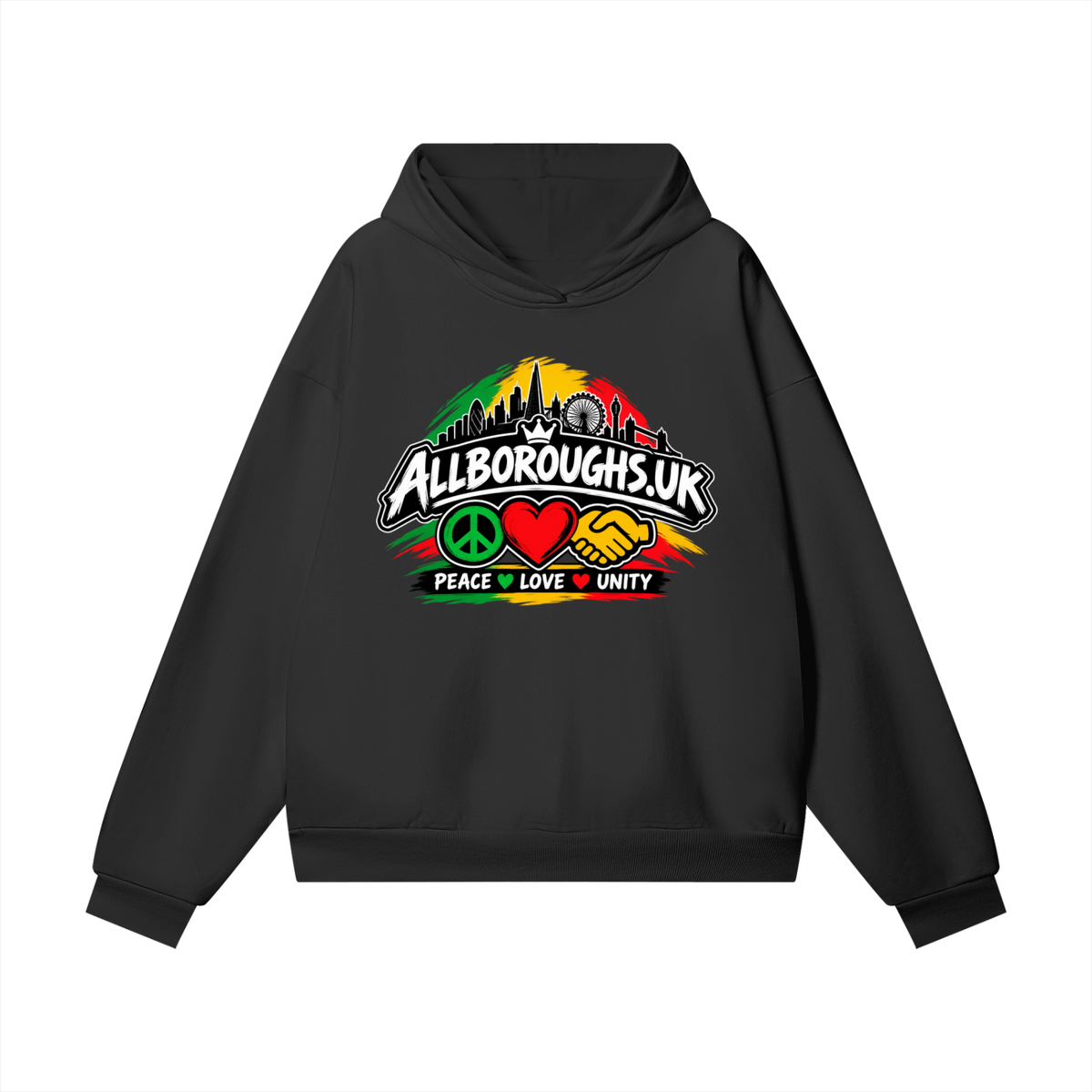 Colourful AllBoroughs United Peace Love & Unity Heavyweight (460GSM) Hidden Pocket Hoodie – Oversized Streetwear Fleece