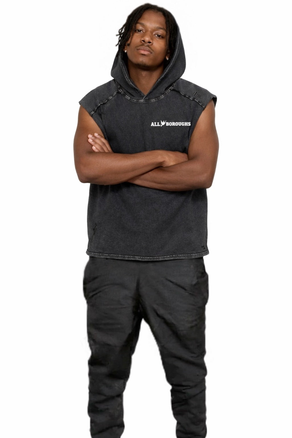 Person wearing a black sleeveless hoodie with 'All Boroughs' logo on a white background