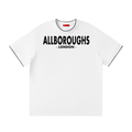 White t-shirt with 'ALLBOROUGHS LONDON' text on a white background