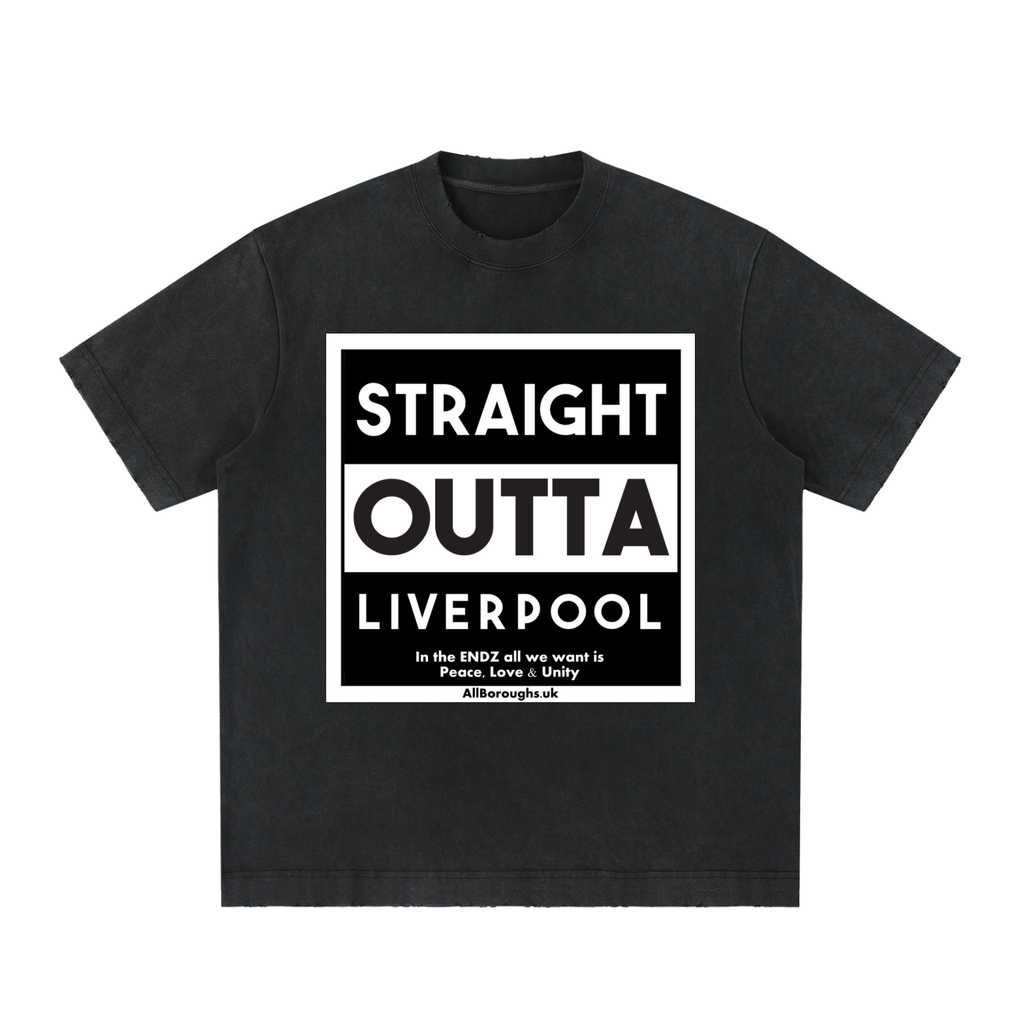 Black All Boroughs t-shirt with 'Straight Outta Liverpool' text on a white background