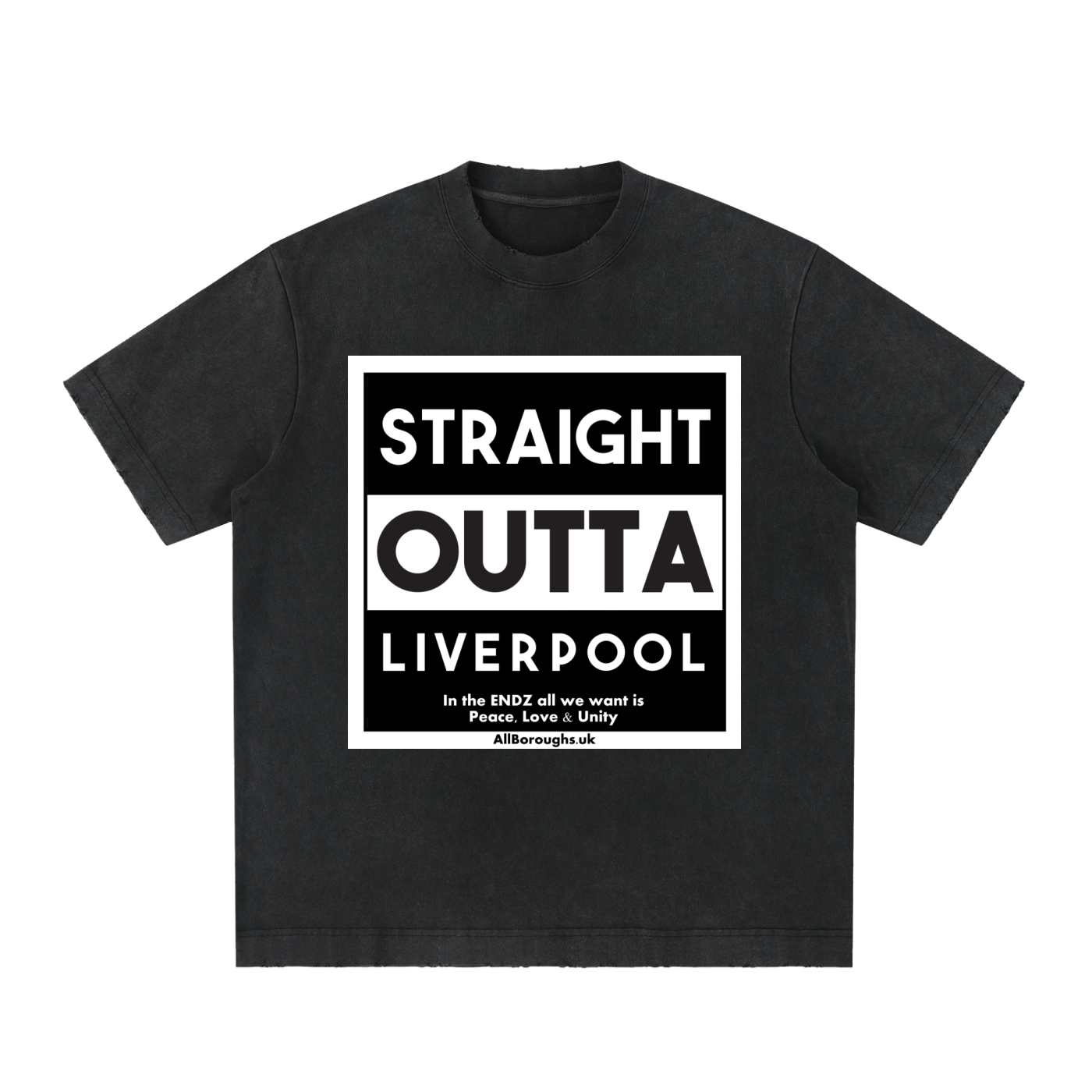 Black All Boroughs t-shirt with 'Straight Outta Liverpool' text on a white background