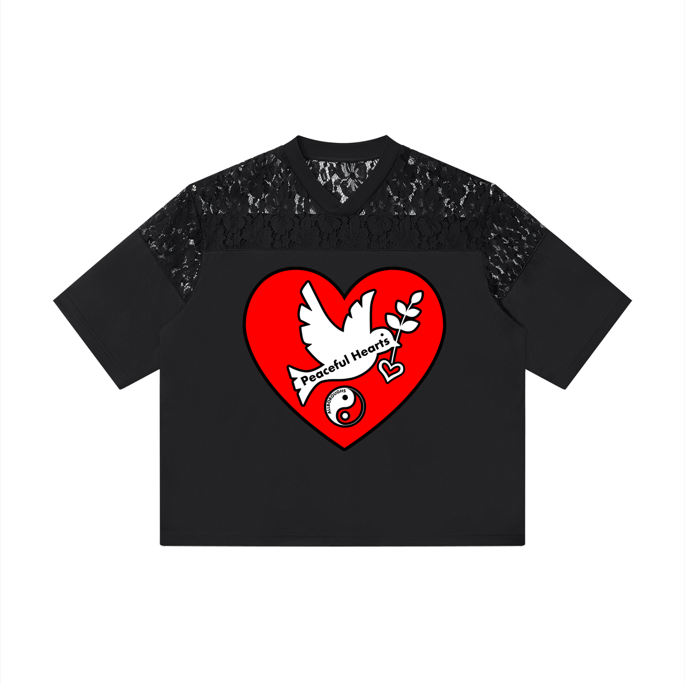 AllBoroughs Peaceful Hearts Graphic Tee — Lace Panel Drop Shoulder