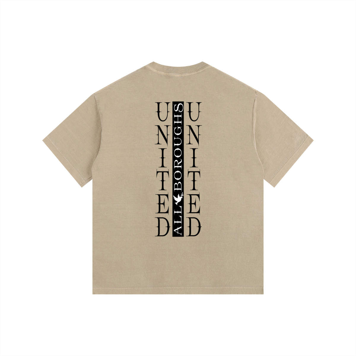 A beige short-sleeve t-shirt shown from the back, featuring a vertical black graphic print that reads 'ALL BOROUGHS UNITED' with a small white dove silhouette in the centre.
