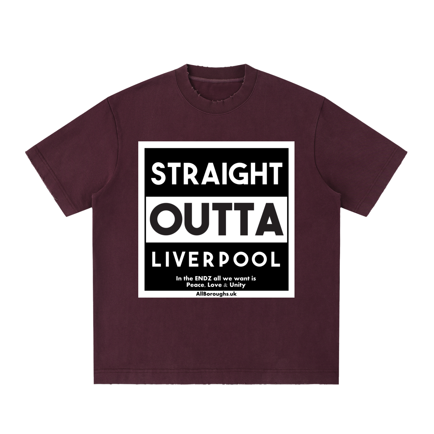 Maroon t-shirt with 'Straight Outta Liverpool' text on a white background