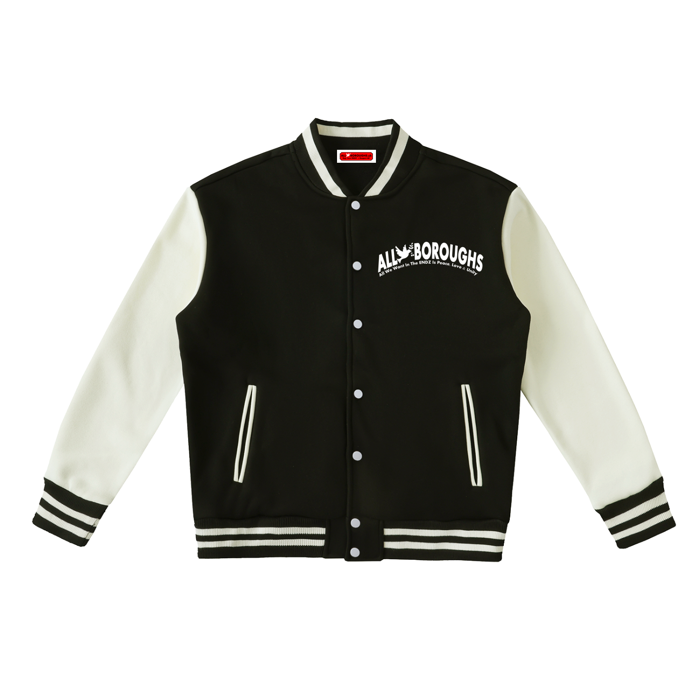 A varsity-style jacket with a black body and off-white sleeves, featuring 'ALL BOURGHS' printed in white across the chest. The jacket has a snap-button front, ribbed collar, cuffs, and hem, with double stripe detailing on the sleeves and hem.