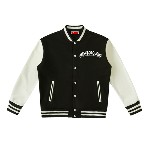 A varsity-style jacket with a black body and off-white sleeves, featuring 'ALL BOURGHS' printed in white across the chest. The jacket has a snap-button front, ribbed collar, cuffs, and hem, with double stripe detailing on the sleeves and hem.