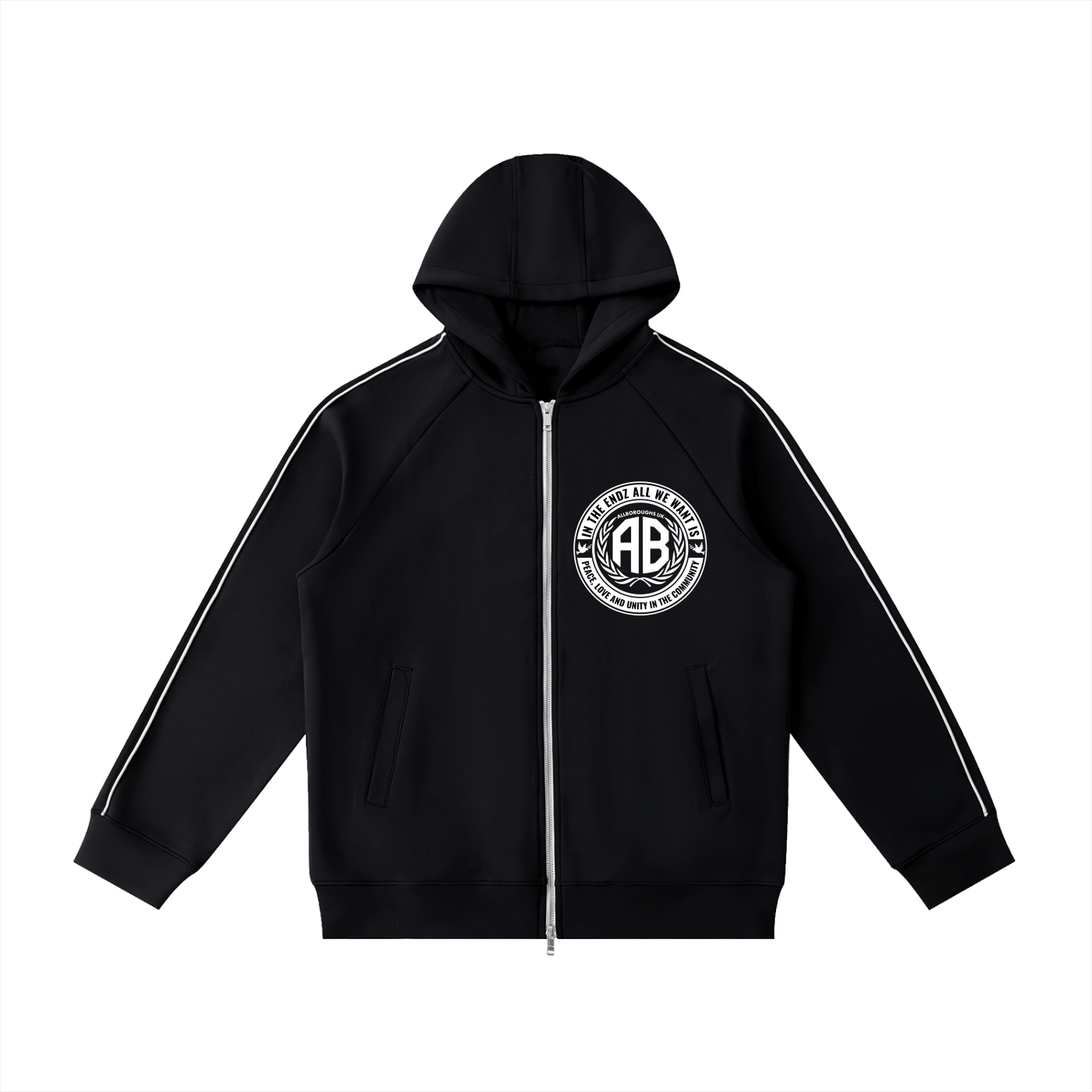 Black hoodie with an Allboroughs logo on the chest against a white background. Also known as All Boroughs.
