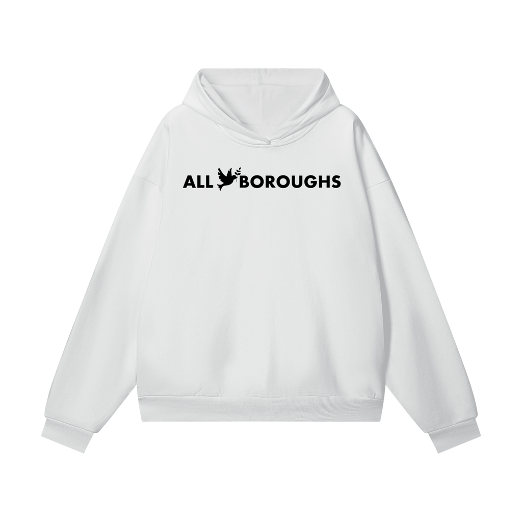 White hoodie with 'ALL BOROUGHS' text on a white background