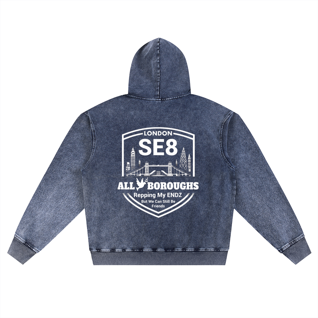 Blue hoodie with white AllBoroughs text and graphics on a white background