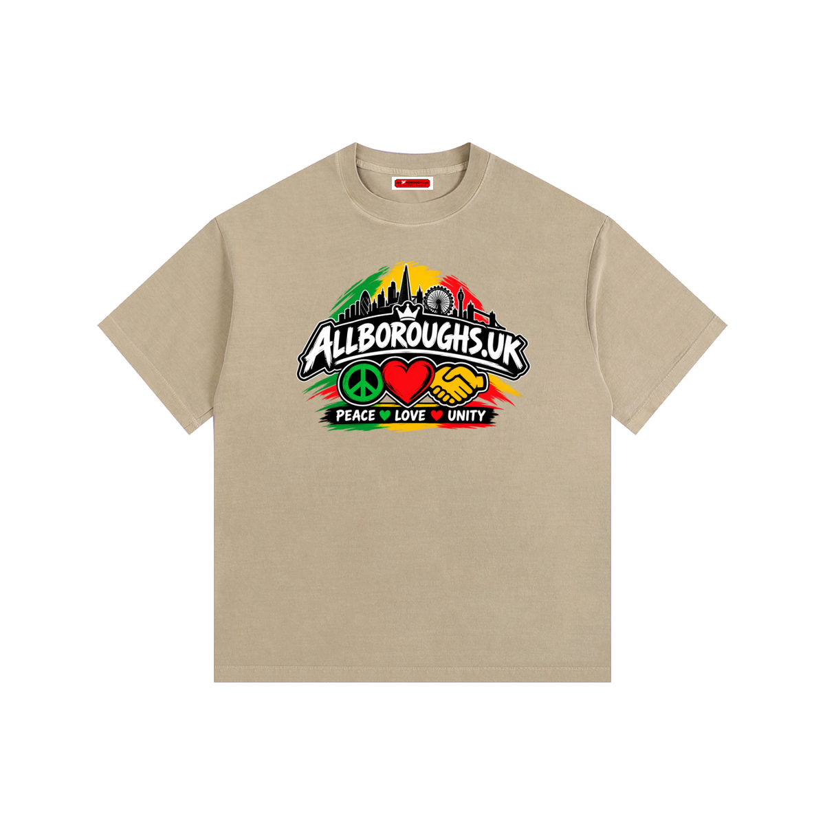 A beige short-sleeve crewneck t-shirt with a colorful graphic on the chest reading 'ALLBOROUGHUK' and 'PEACE LOVE UNITY' with peace, love, and unity symbols.