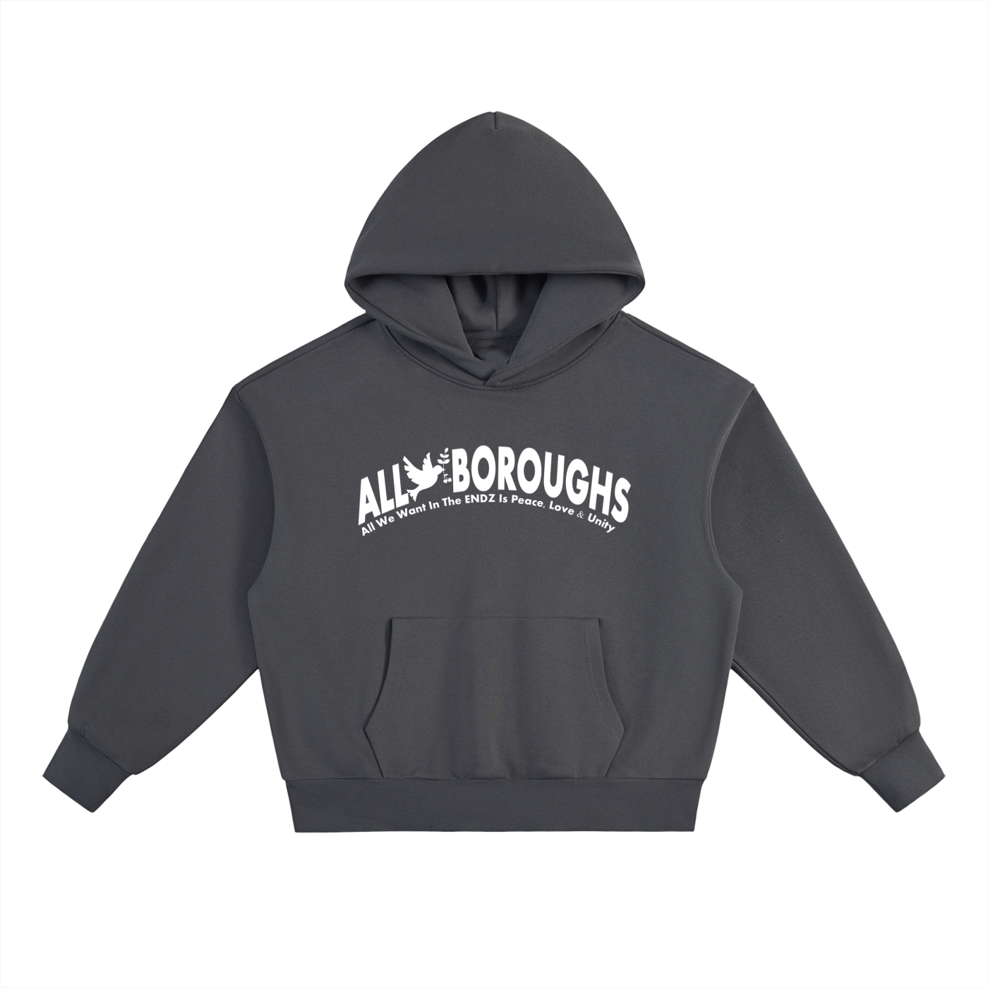 Gray hoodie with 'All Boroughs' text on a white background. Also known as All Boroughs
