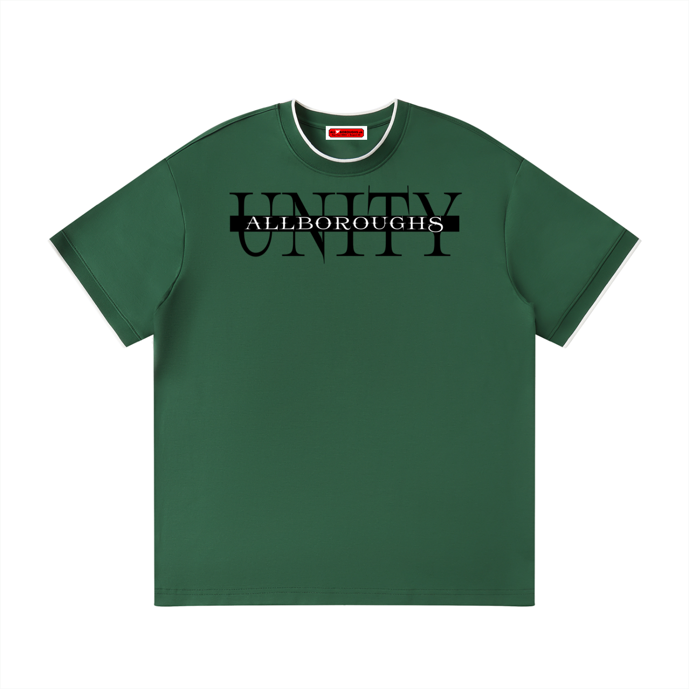 Green t-shirt with 'UNITY ALLBOROUGHS' text on a white background