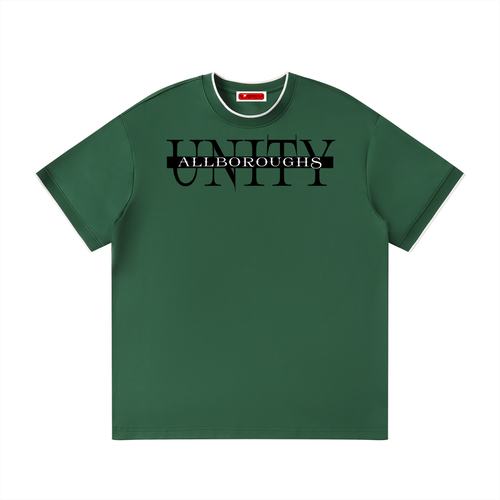 Green t-shirt with 'UNITY ALLBOROUGHS' text on a white background