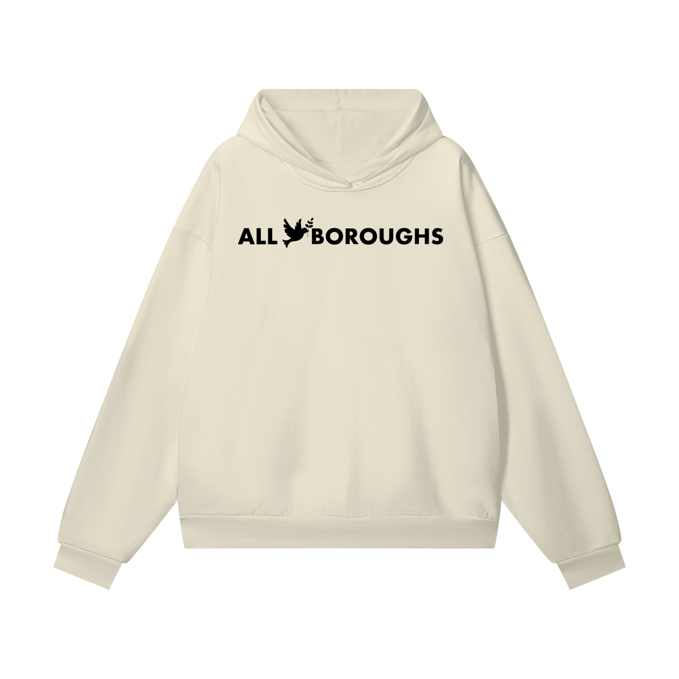 Beige hoodie with 'All Boroughs' text on a white background