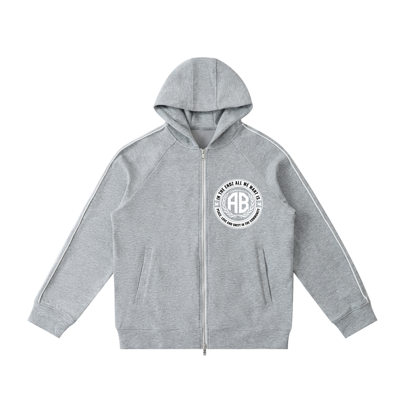 Gray hoodie with a zipper and an Allboroughs logo  on a white background. Also known as All Boroughs.