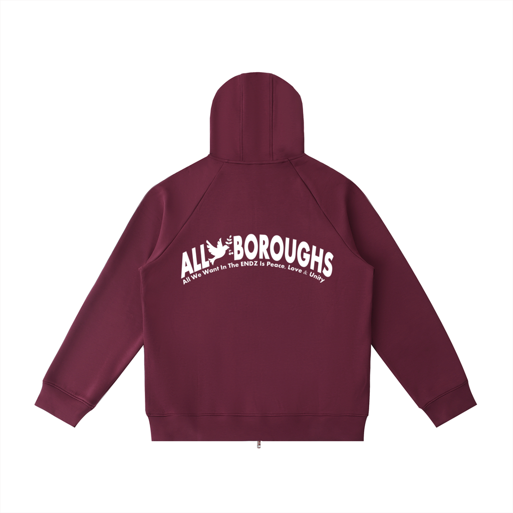 Maroon hoodie with 'All Boroughs' logo on the back against a white background. Also known as All Boroughs.