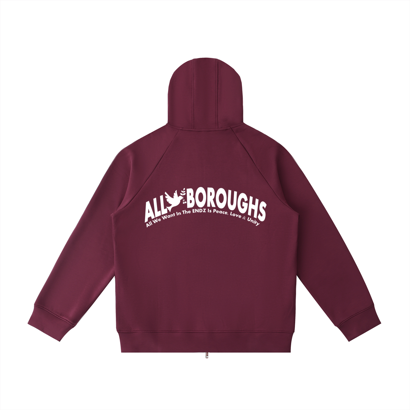 Maroon hoodie with 'All Boroughs' logo on the back against a white background. Also known as All Boroughs.