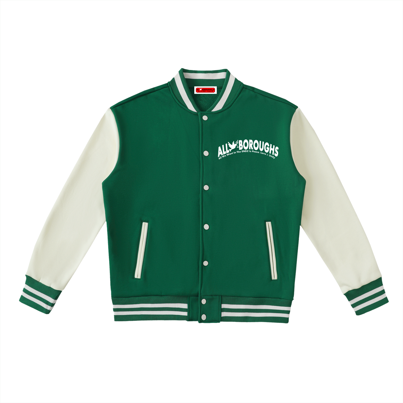 A green and cream varsity jacket with 'ALL BOROUGHS' printed in white on the chest, displayed flat against a solid white background.