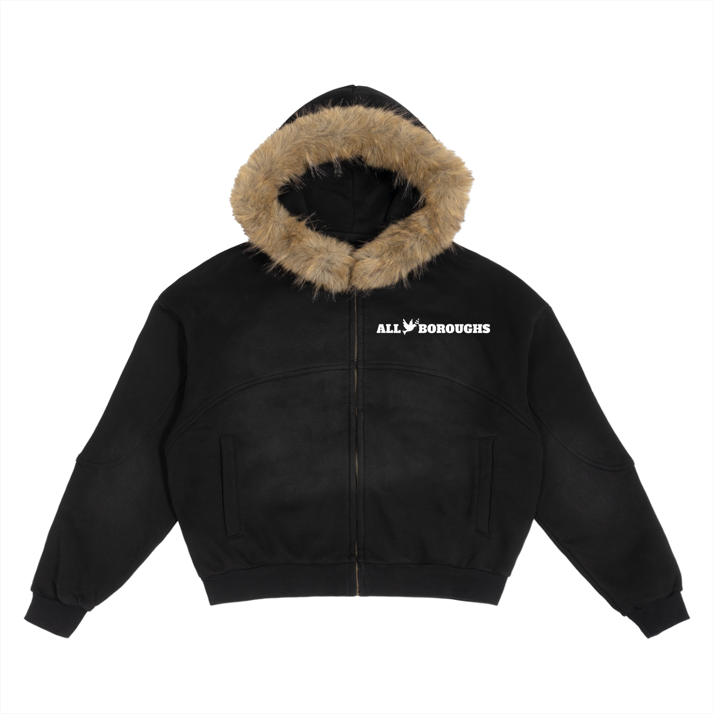 Black jacket with fur-lined hood and 'All Boroughs' logo on a white background