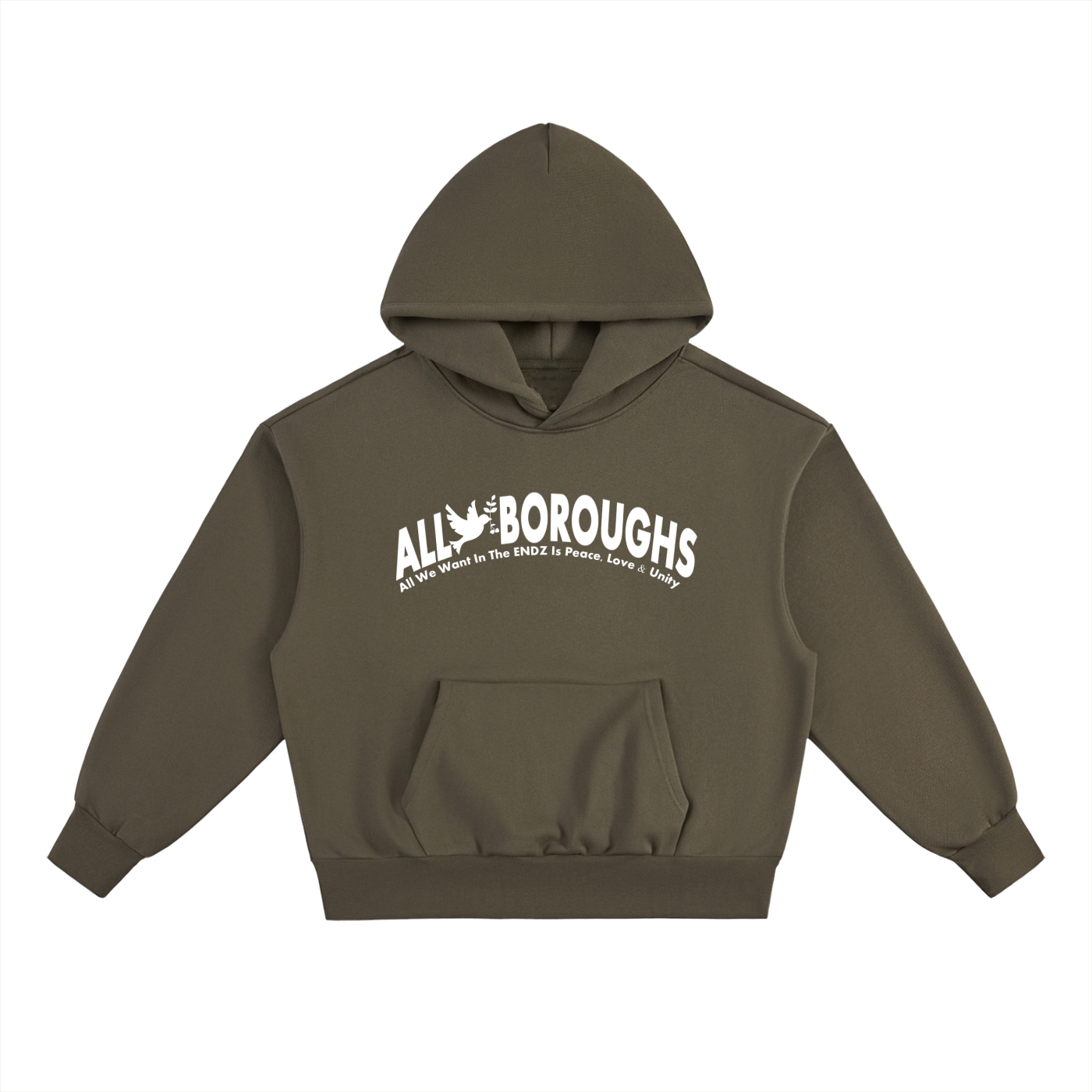 Olive green hoodie with 'All Boroughs' text on a white background