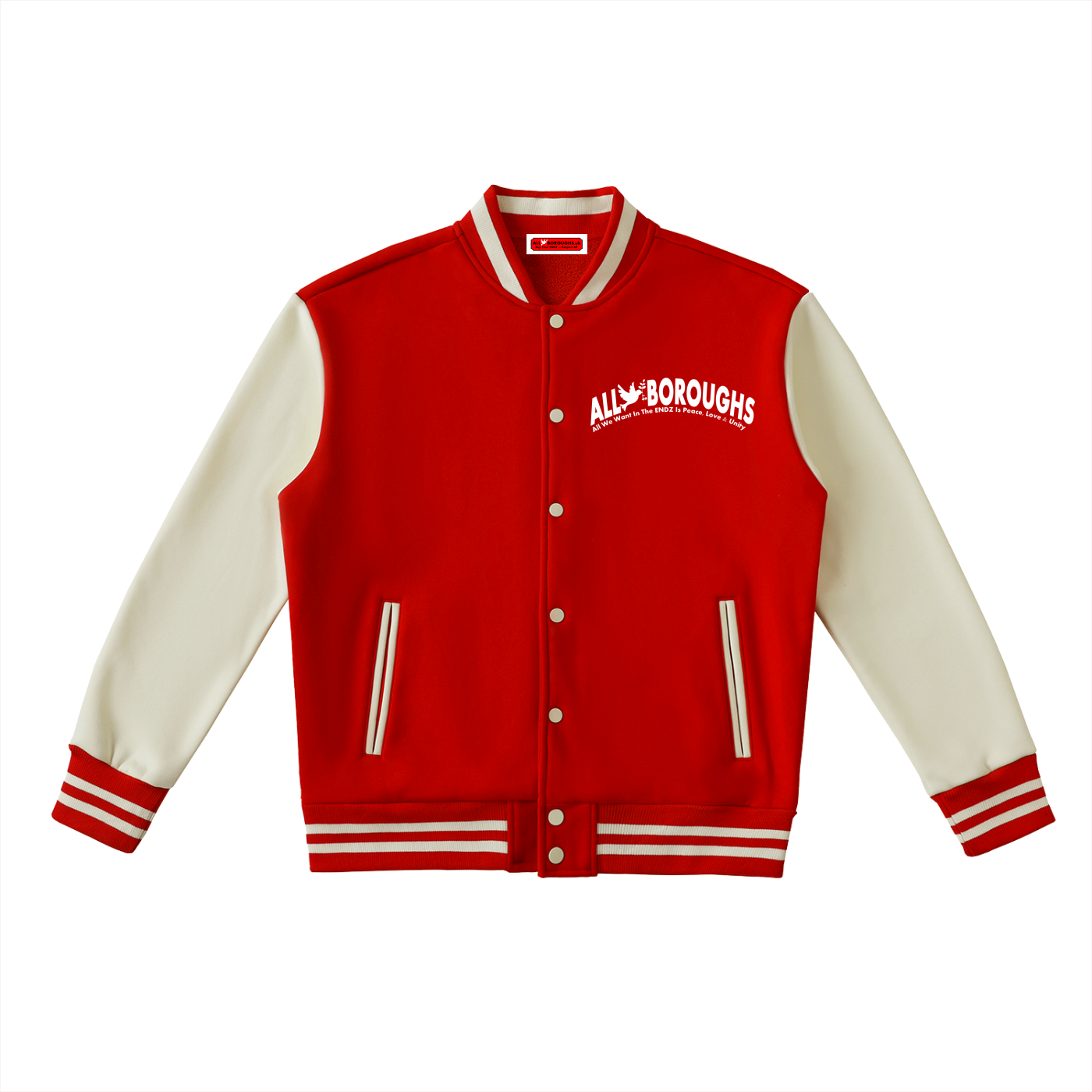 A red and cream varsity jacket with 'ALL BOROUGHS' printed in white on the left chest, displayed flat against a solid white background.